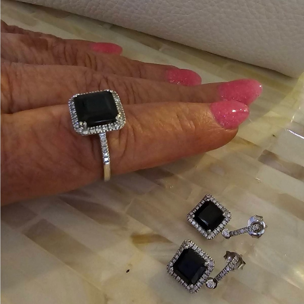 Onyx with tiny diamonds Ring & matching dangling earrings. Authentic
